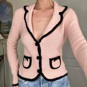 Y2K Vintage Pink and Black Bow Pocket Cardigan - Cottagecore Preppy Knit
